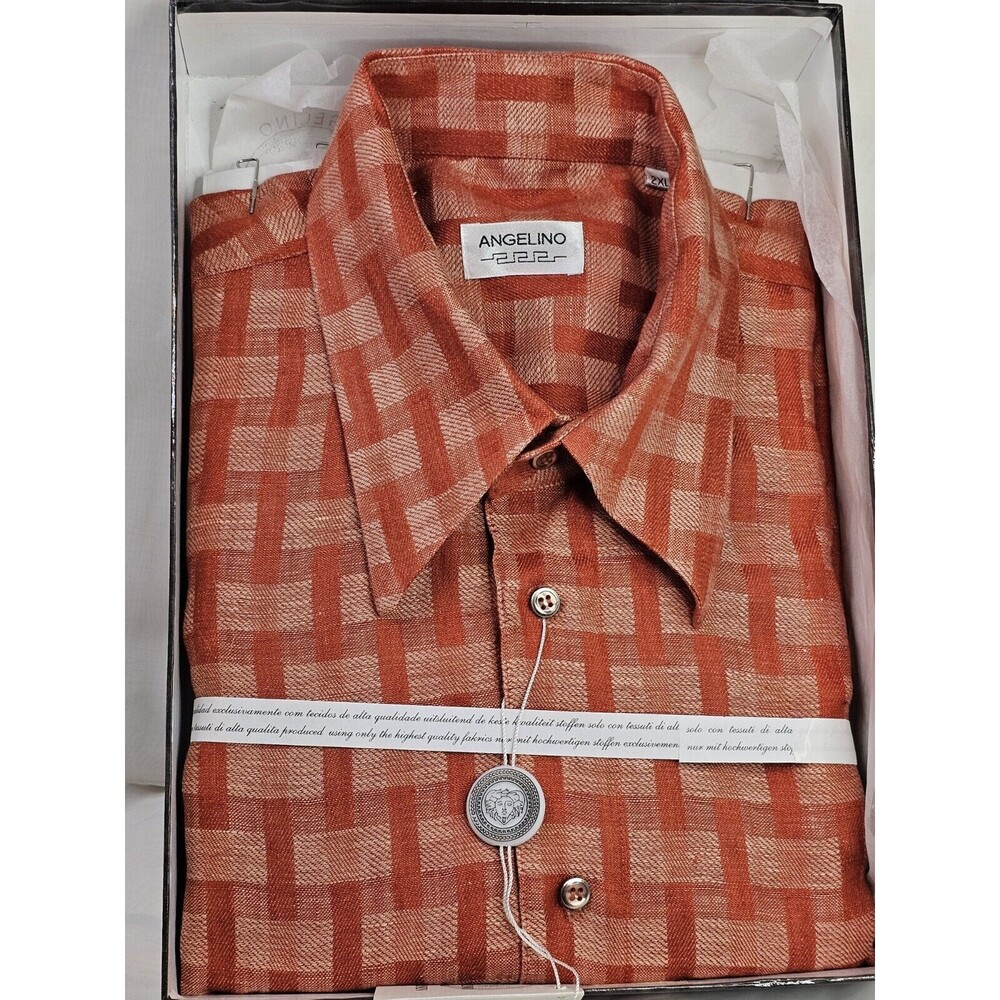 Angelino Button Down Shirt 2XL Copper Rust Plaid Short Sleeve 100% Linen Italy